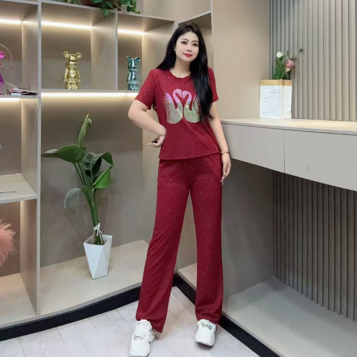 春季两件套-玲 8026时尚休闲亮闪潮流显瘦百搭款胖MM大码女装新款