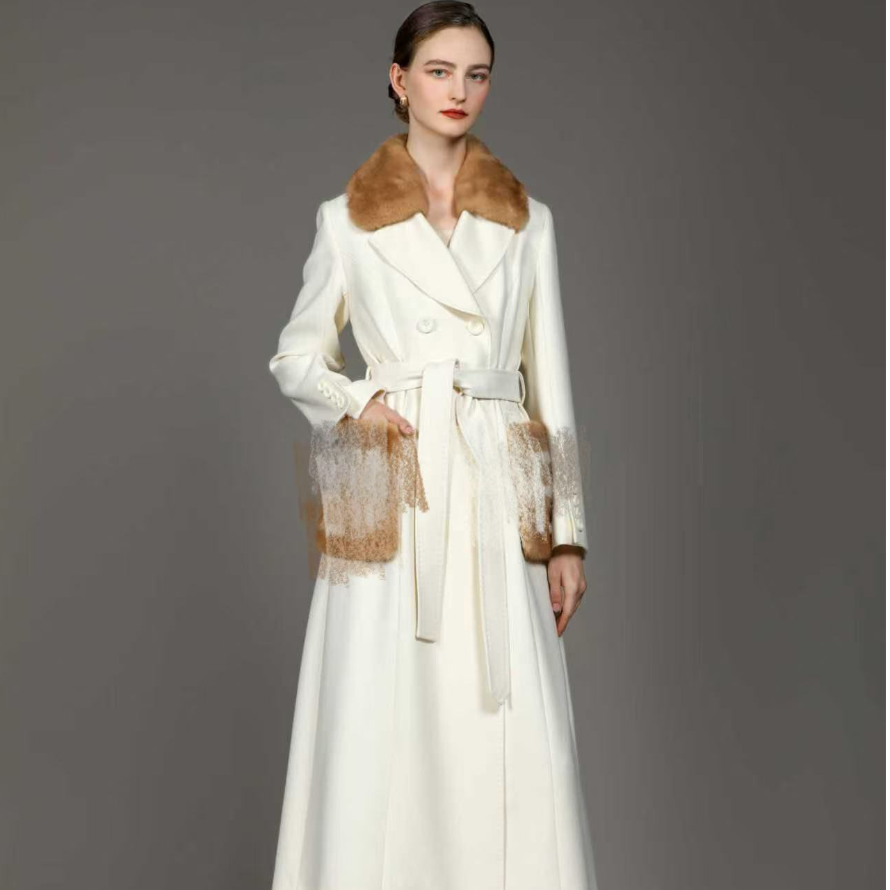 6122318  秋冬新款高奢貂领貂兜大衣