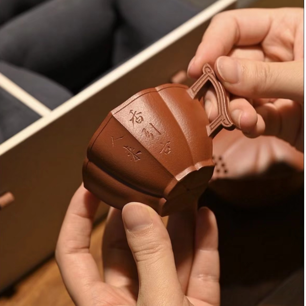 朱泥菱花杯50cc赵庄对杯红泥竹节杯大红袍主人杯刻字正宗紫砂茶壶