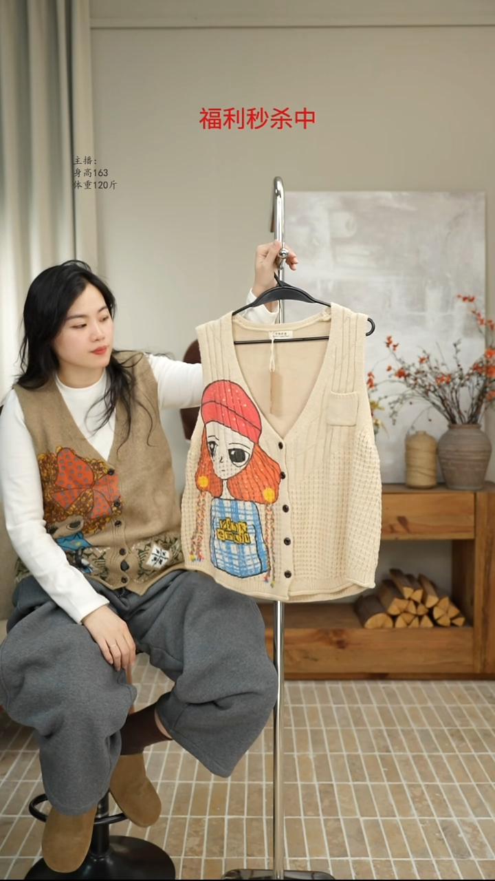 12099杏色印花女孩针织马甲（130斤）