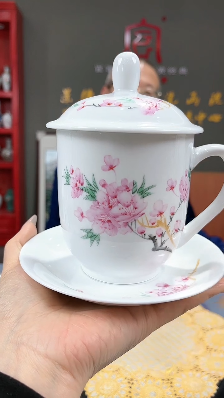 【闪购商品】官窑瓷画院477官窑瓷画院水点桃花三才办公杯