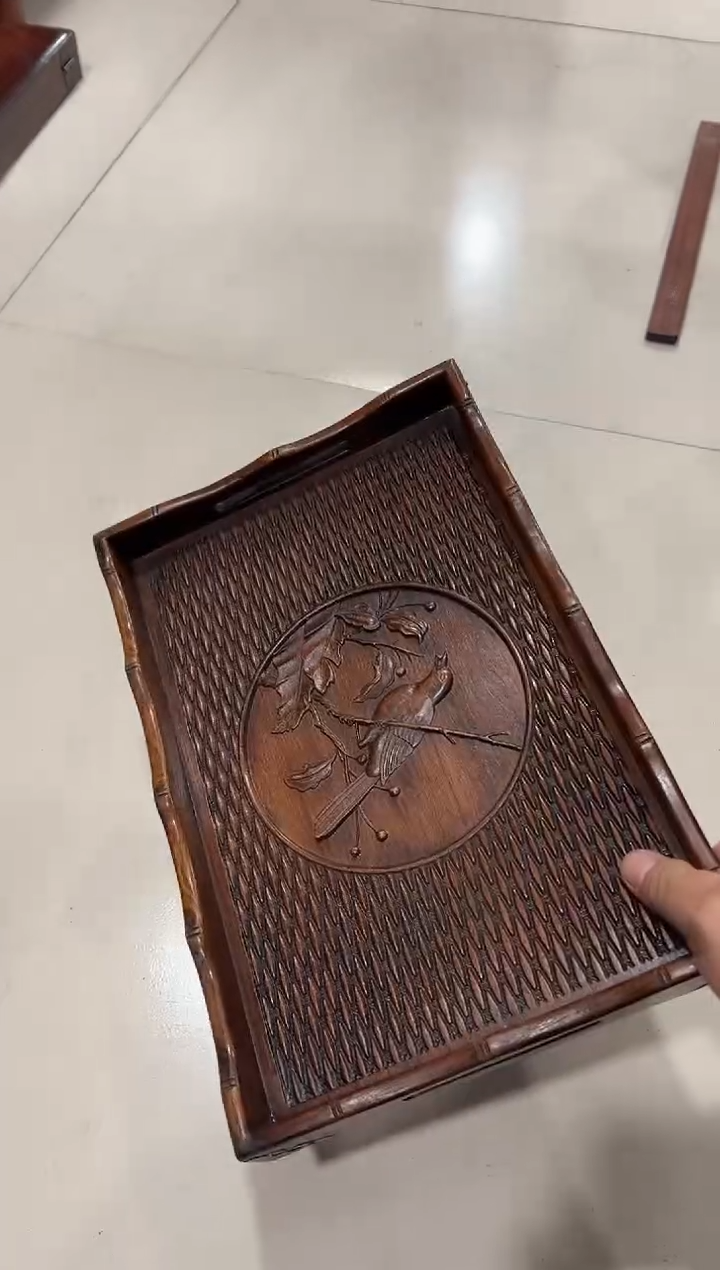 花梨木纹路花鸟茶盘