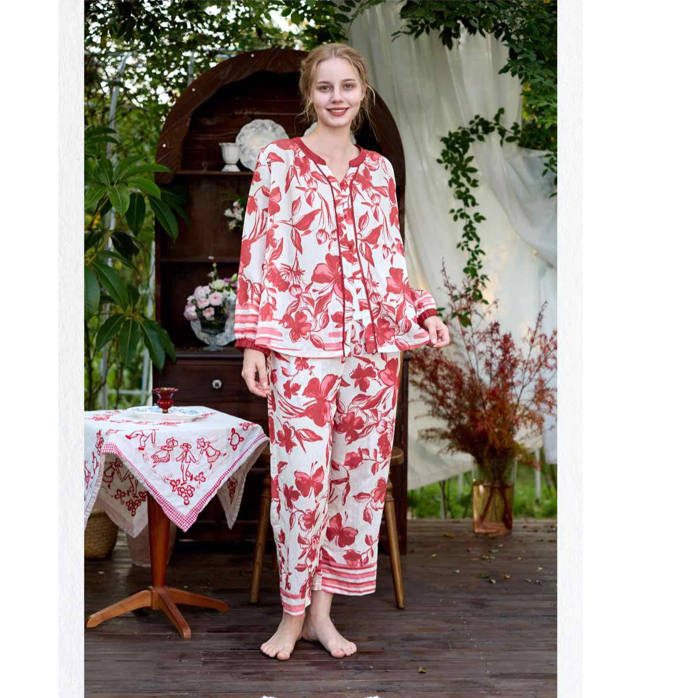 诺曼女睡衣家居服套装红色薄款春夏秋冬季大码时尚印花251181