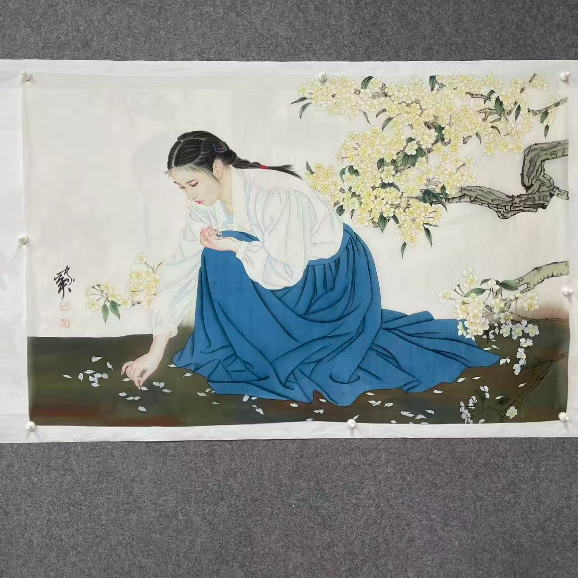 八平尺丝绢-横幅-蓝衣少女+海棠花-HJY-嘉福