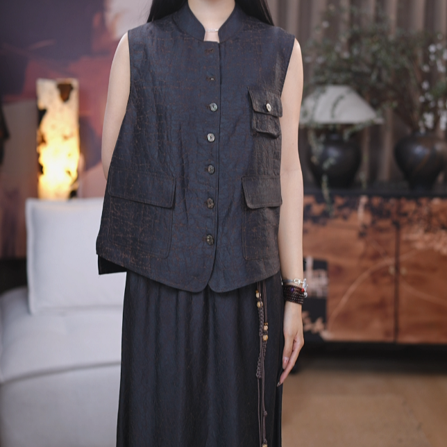 『弘熙』100%桑蚕丝香云纱国风休闲国风显瘦气质时尚无袖马甲