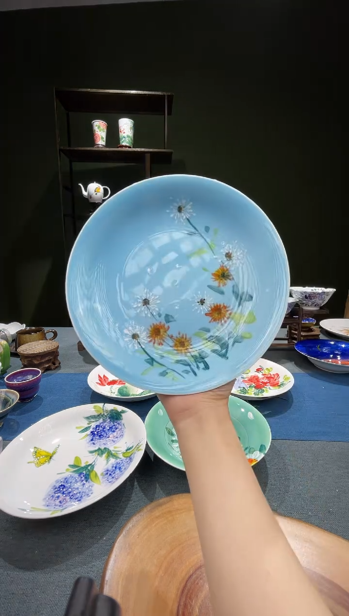 盘景德镇高温釉下彩8英寸窝盘雏菊蒲公英