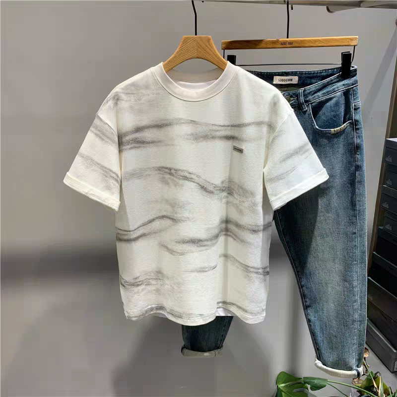 男士夏季扎染圆领短袖T恤复古设计感宽松休闲上衣潮流百搭