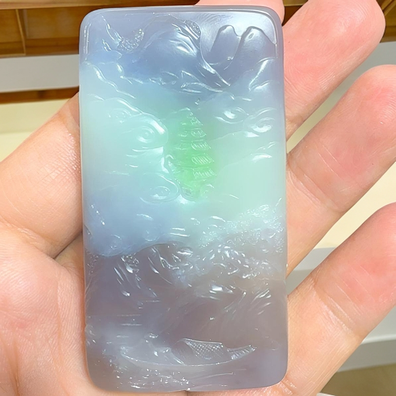 和田玉翠青三色山水牌牌子吊坠项链挂件烟紫塔