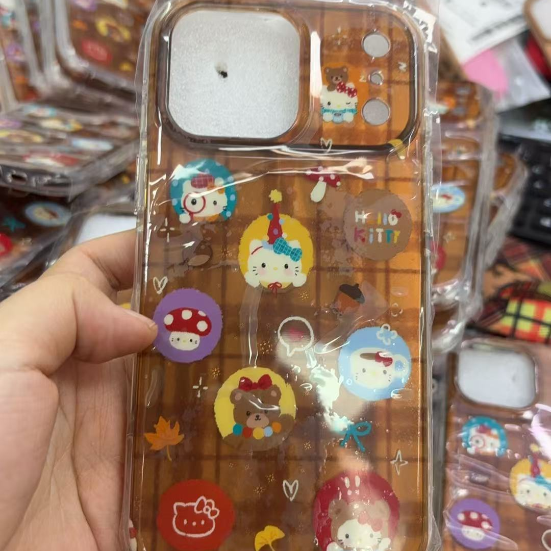 卡通棕格纹彩圆球小熊手机壳适用于多款机型