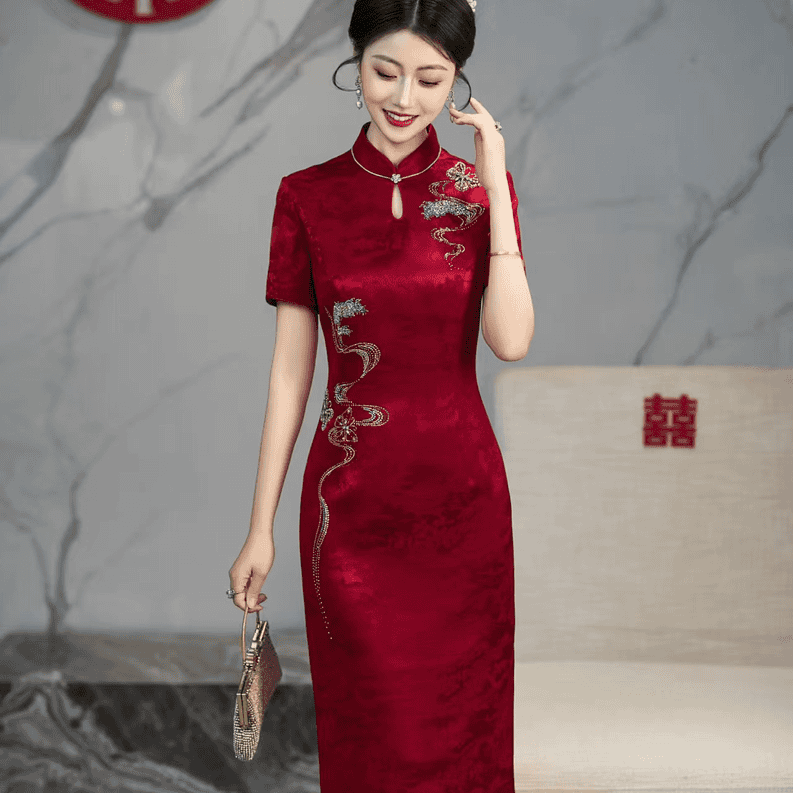 喜婆婆醋酸高档礼服旗袍平时可穿婚礼新娘显瘦夏季薄款红色国风