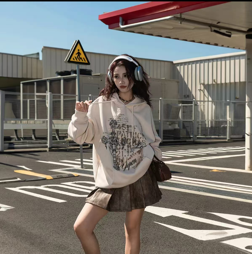 98132#连帽印花街头风防寒加绒宽松长袖卫衣（直播间实物为准）长70