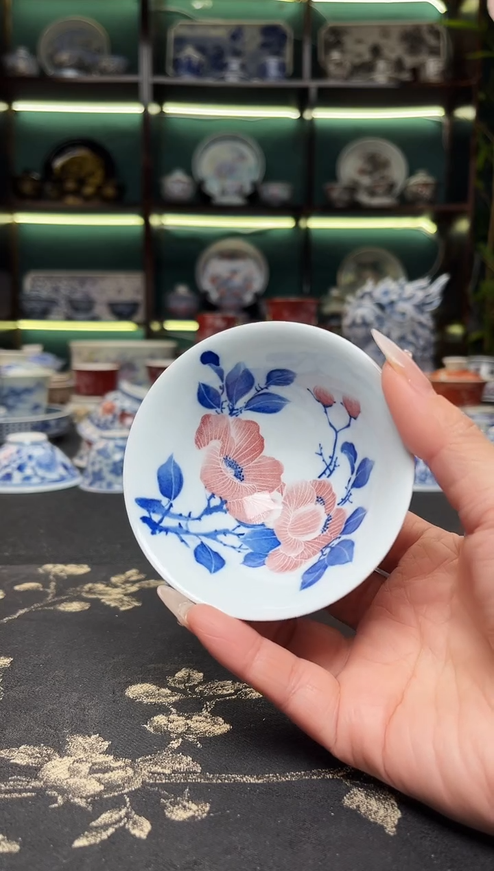 陶瓷景德镇龙御陶瓷高温陶瓷茶具芙蓉花斗笠杯70cc