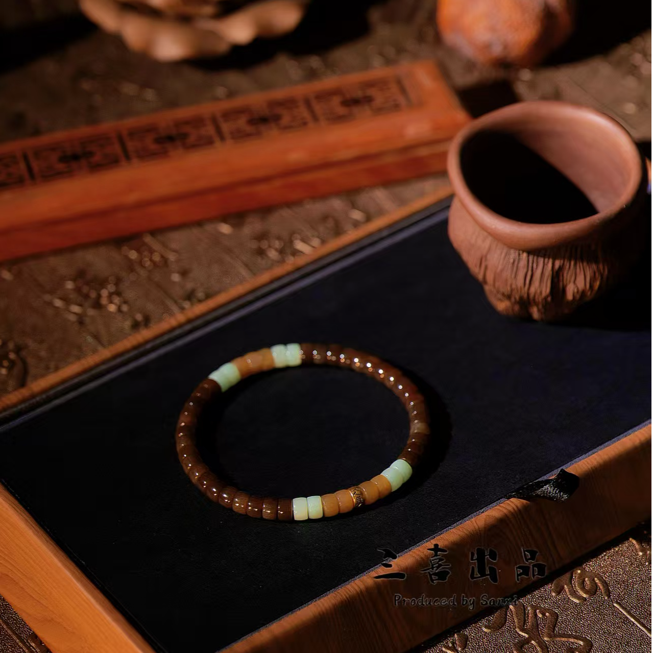 和田玉直切药片手串单圈玉手串 直切药片 暴力归圆 巧克力色