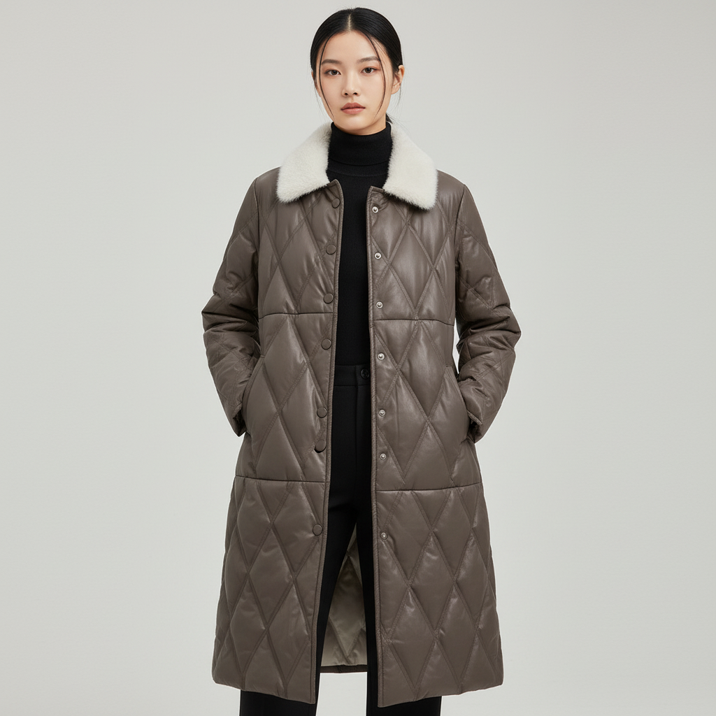 HONB红贝缇中长款纽扣女士时尚直筒型毛领皮衣菱格羽绒服