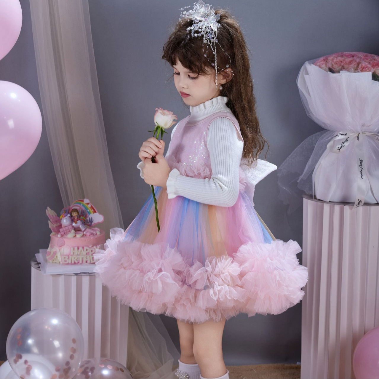 女童公主礼服裙彩虹连衣裙爆款蓬蓬裙周岁生日礼服纱裙春款套装潮