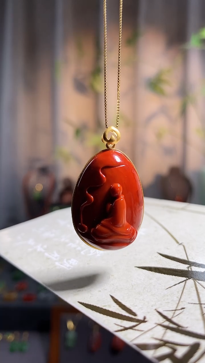 【闪购商品】南红玛瑙颈饰18K金镶嵌，原矿南红，铁皮鸡血包浆料，悟道