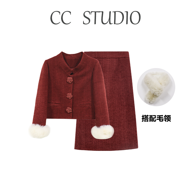 DM15687【国名女神】秋冬优雅复古冬日氛围感短款A字小香风套装