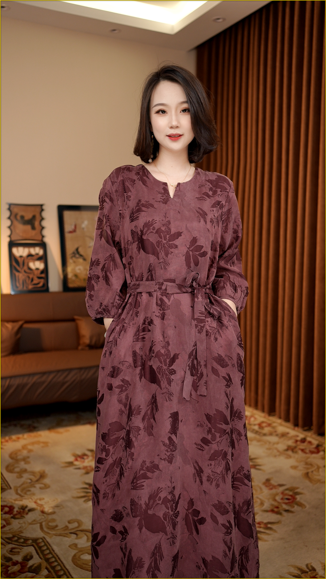 云锦-新中式七分袖改良旗袍收腰秋季新款连衣裙