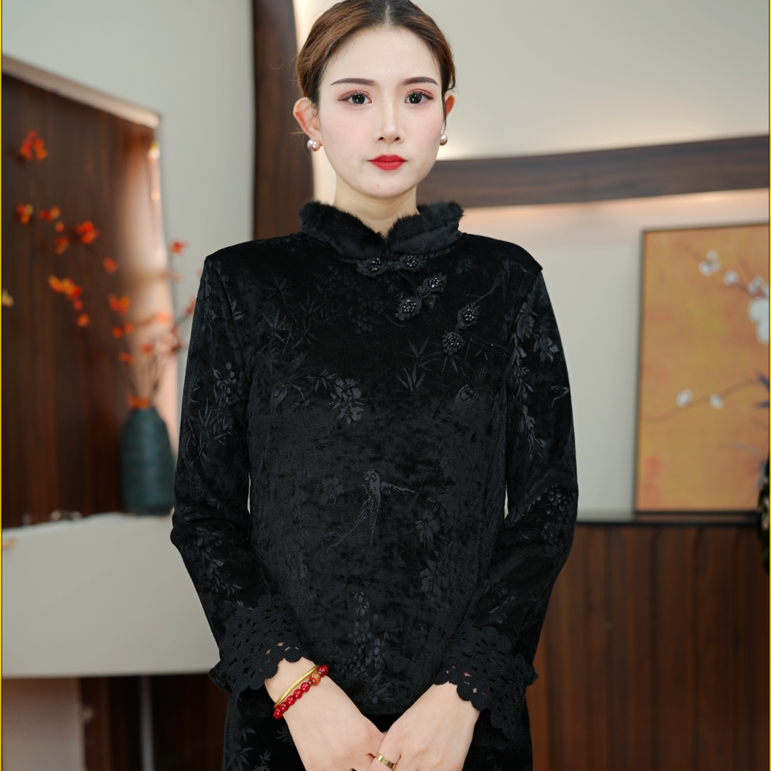 2025冬季加绒纽扣中国风中老年女装宽松时尚常规款立领复古上衣