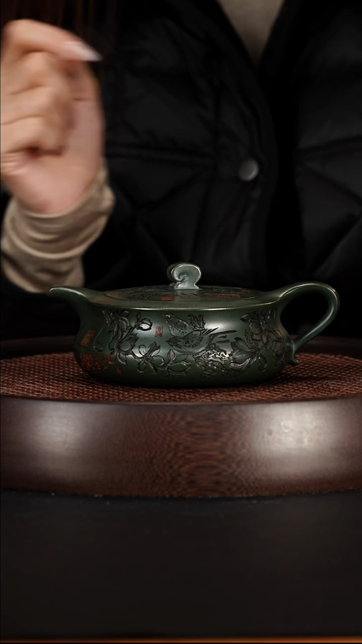 茶壶紫砂宜兴紫砂壶景舟民国绿泥如意扁晨280cc
