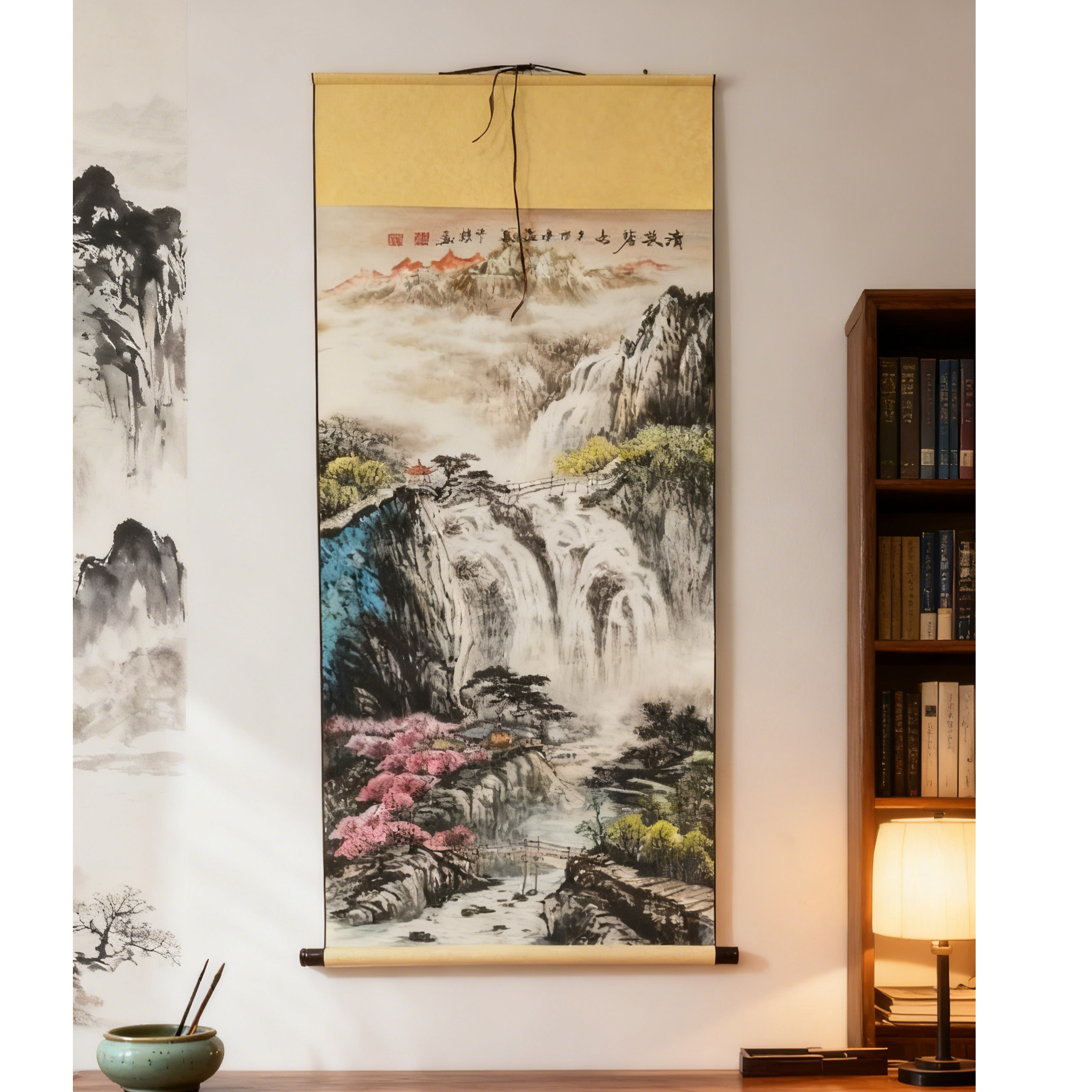江山如画富春山居国风山水玄关客厅书法卷轴挂画装饰画