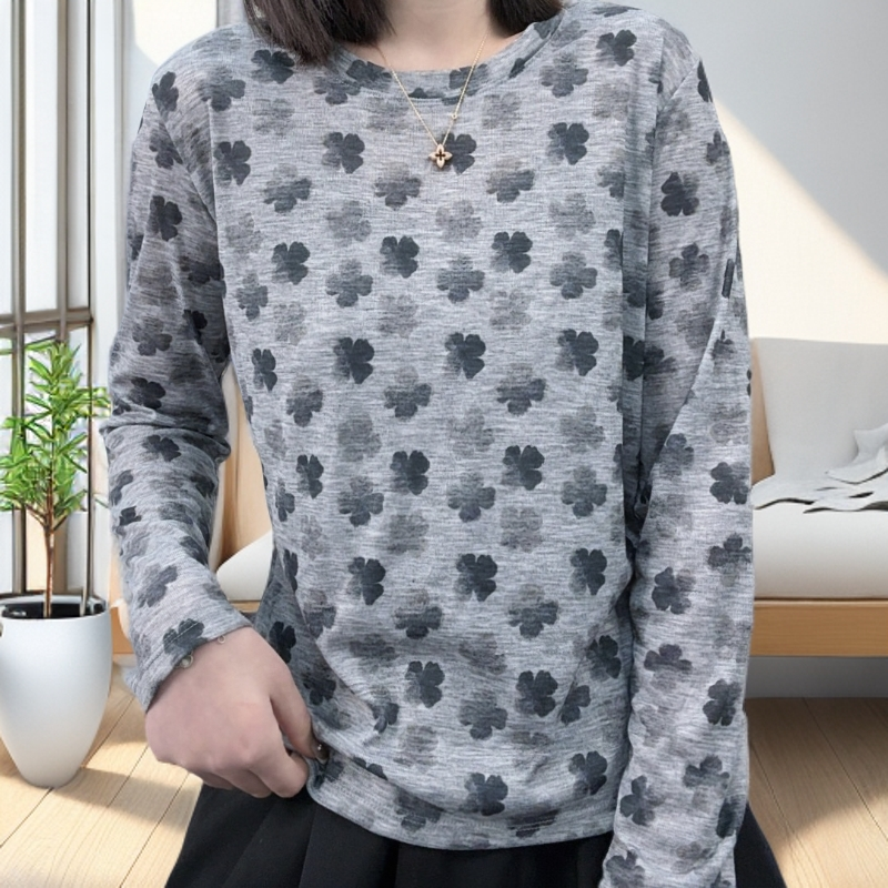 潮牌女装新款四叶草夏季气质印花休闲T恤时尚圆领长袖百搭上衣t恤