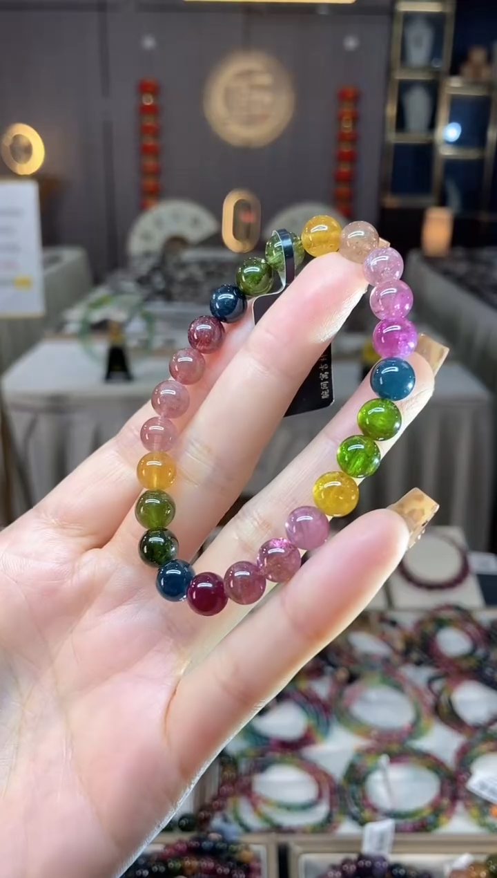 未镶嵌老矿碧玺色标彩虹单圈手串7mm+碧玺dan多样性发货一条