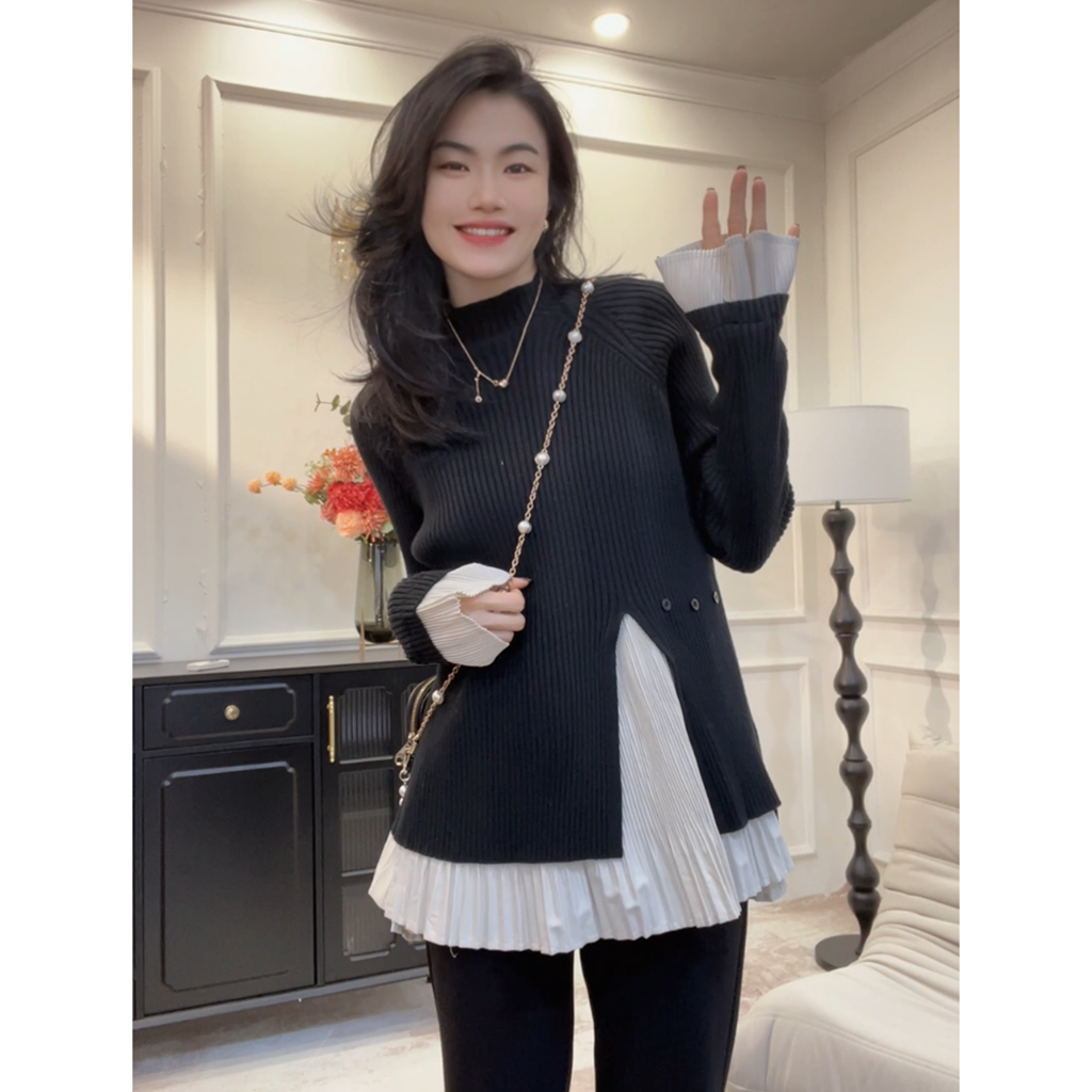 【精致加倍】小众设计感褶皱衬衫拼接秋冬半高领针织上衣大码显瘦