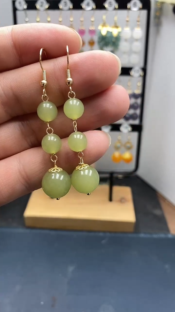 银S925镀金镶嵌和田玉耳饰尺寸12mm连珠02