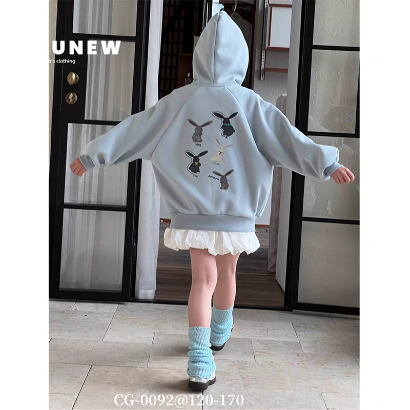 兔子帽衫-2025双色女大童连帽拉链卫衫外套