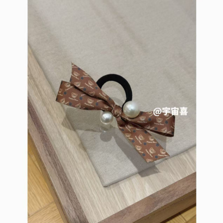 I1-750【正版单泰迪熊蝴蝶结大小贝珠弹力绳发圈】（深色）