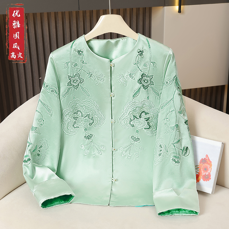 新中式盘扣长袖中国风高端女装唐装复古重工刺绣上衣醋酸缎面外套