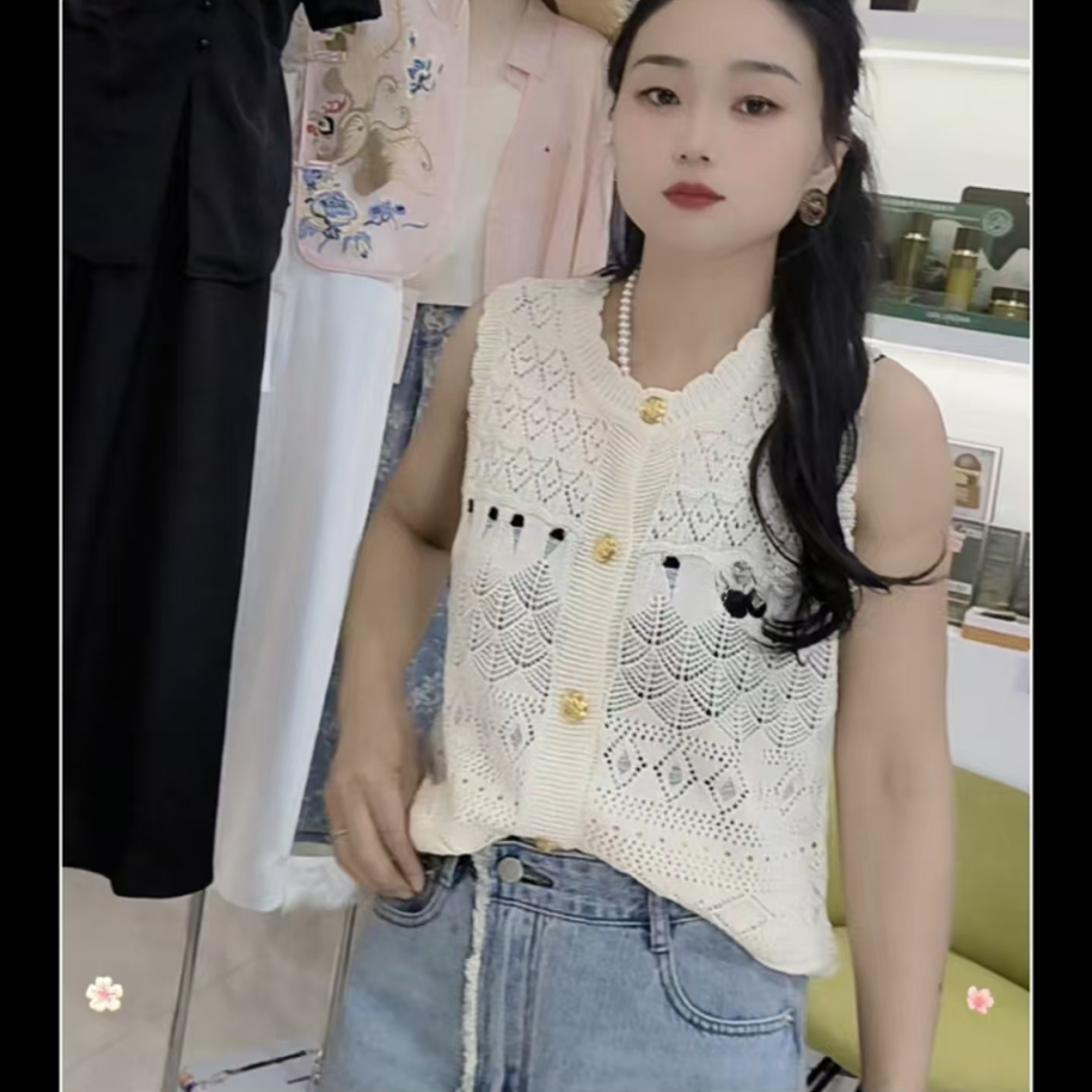 针织气质洋气时尚百搭夏季镂空显瘦休闲宽松无袖设计感5303