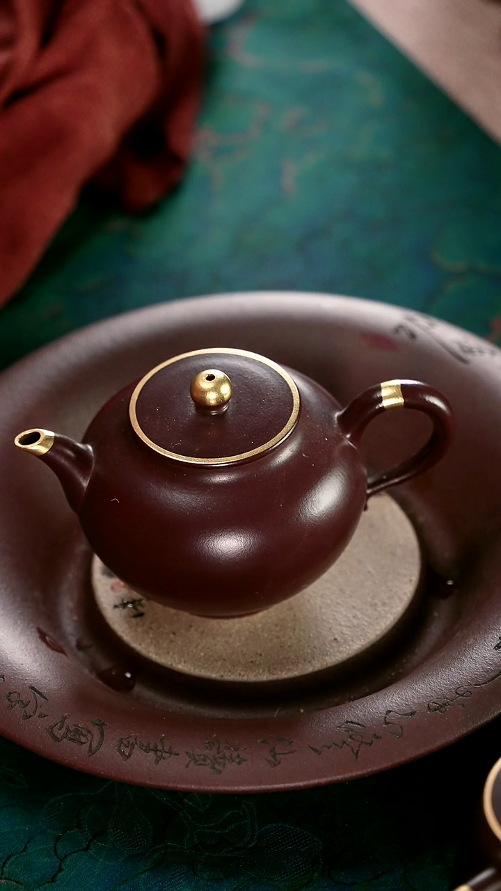 茶壶紫砂四号井茄皮紫泥描金新款宫灯