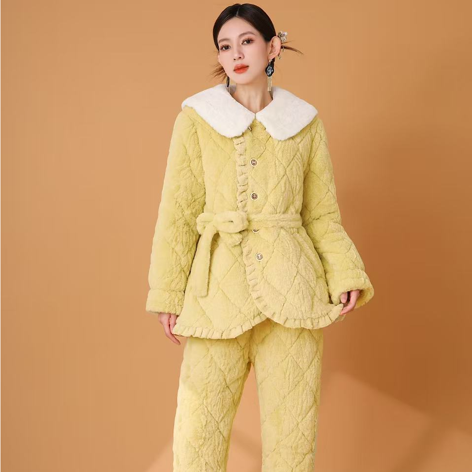 【0289红-鹅黄系带】女加厚睡衣冬三层夹棉格纹翻领保暖外出家居服