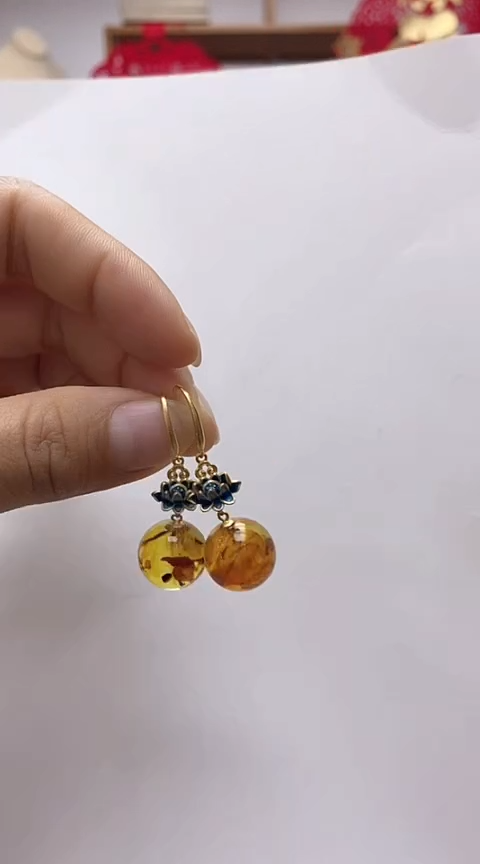 【闪购商品】琥珀裸石银S925镶嵌花珀耳坠