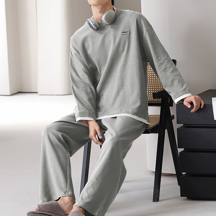 华夫格100%纯棉男睡衣春秋2025新款长袖套装可外穿宽松休闲家居服