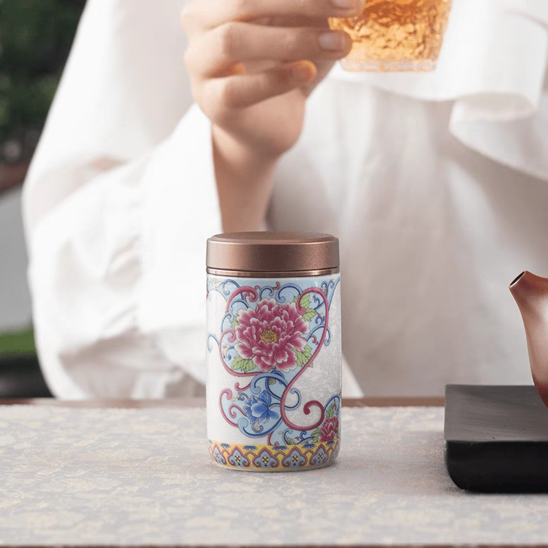 珐琅彩茶叶罐锡盖密封罐家用小号FL-4005