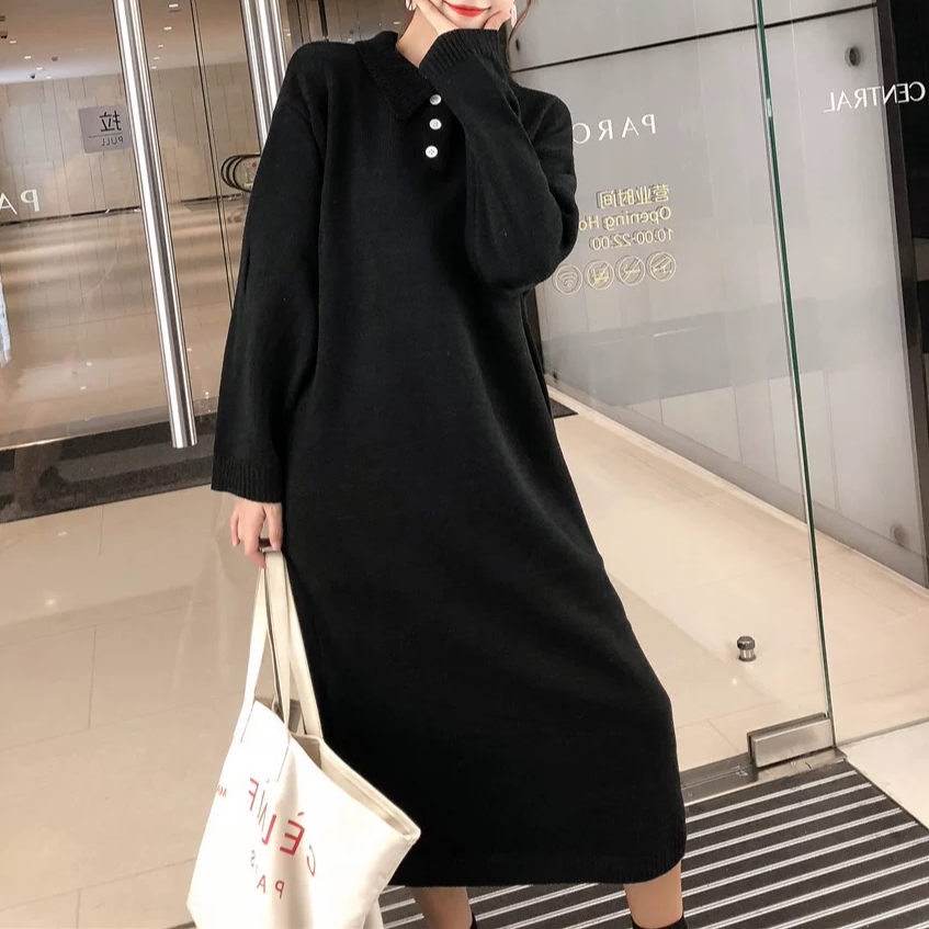 1353 祺欣家 法式POLO领简约风中长款宽松设计高级感针织连衣裙