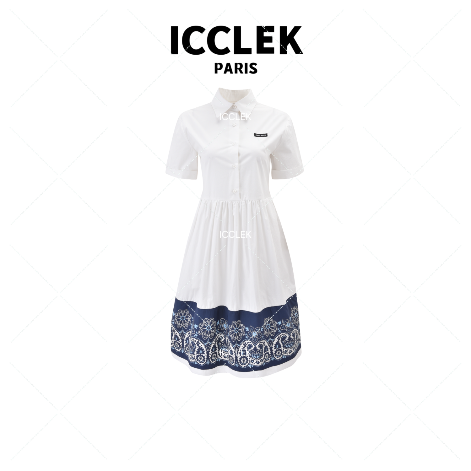 ICCLEK 白色翻领撞色连衣裙 修身 显瘦 气质 -1335