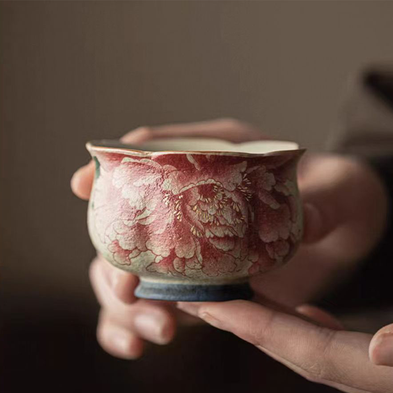 青花火红石窑变陶瓷小茶杯功夫茶具家用喝茶品茗主人杯花苞杯