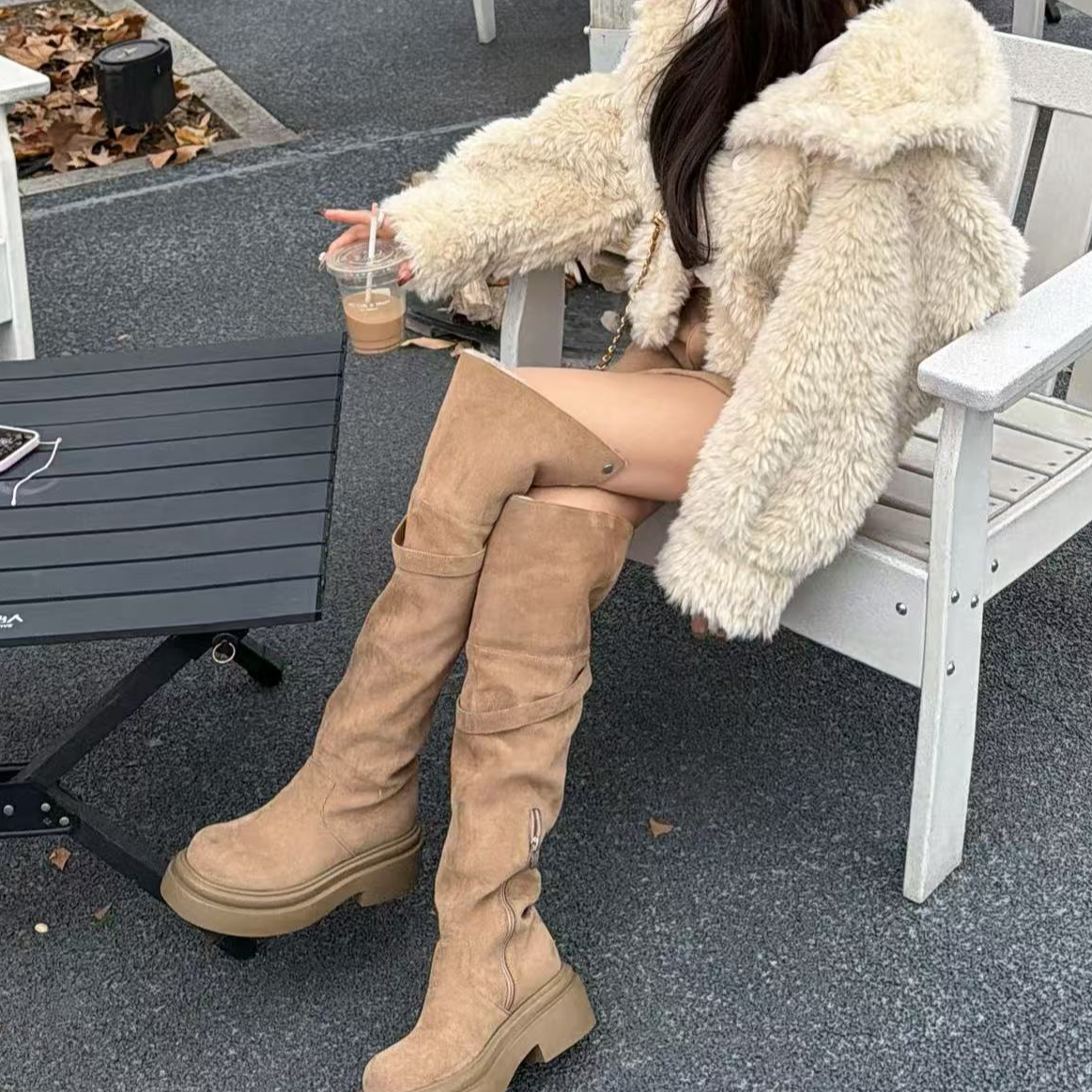 【YKL】秋冬新款 卡其羊羔毛翻折绒面过膝长筒靴
