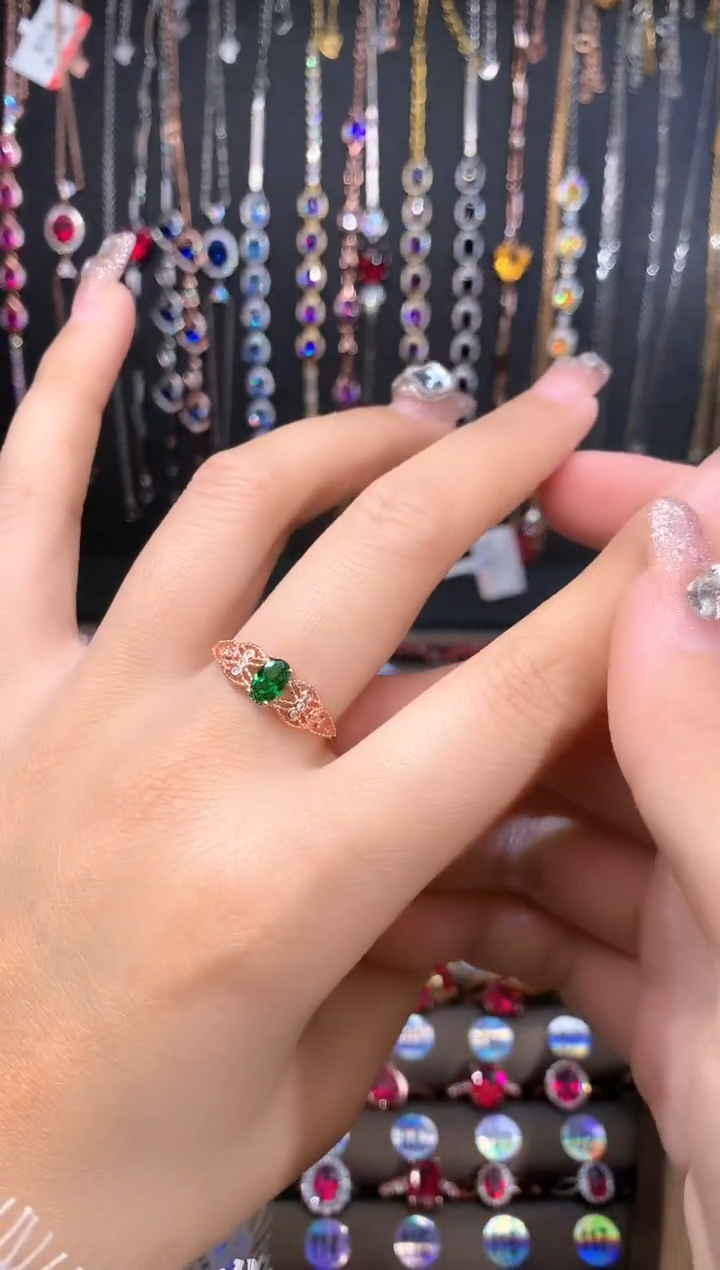 戒指透辉石银S925镶嵌玫瑰金