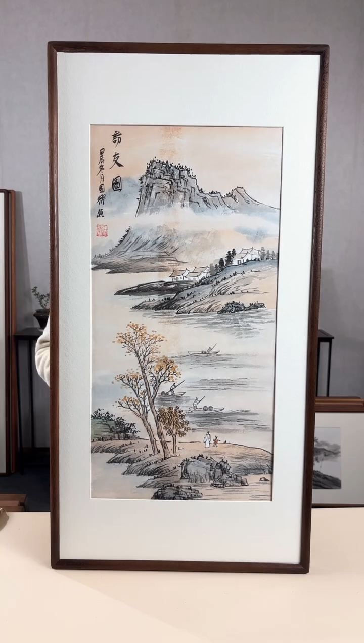 【闪购商品】国画手绘*访友图*47*92cm实木框