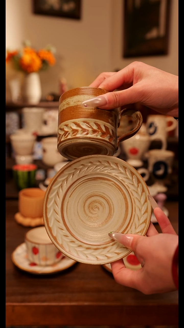 陶瓷便携款粗陶拉花咖啡杯  手绘釉下彩