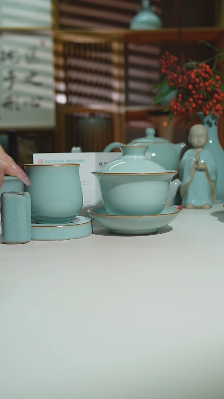 珑匠天青玉兰盖碗一盖碗二杯加杯垫一级