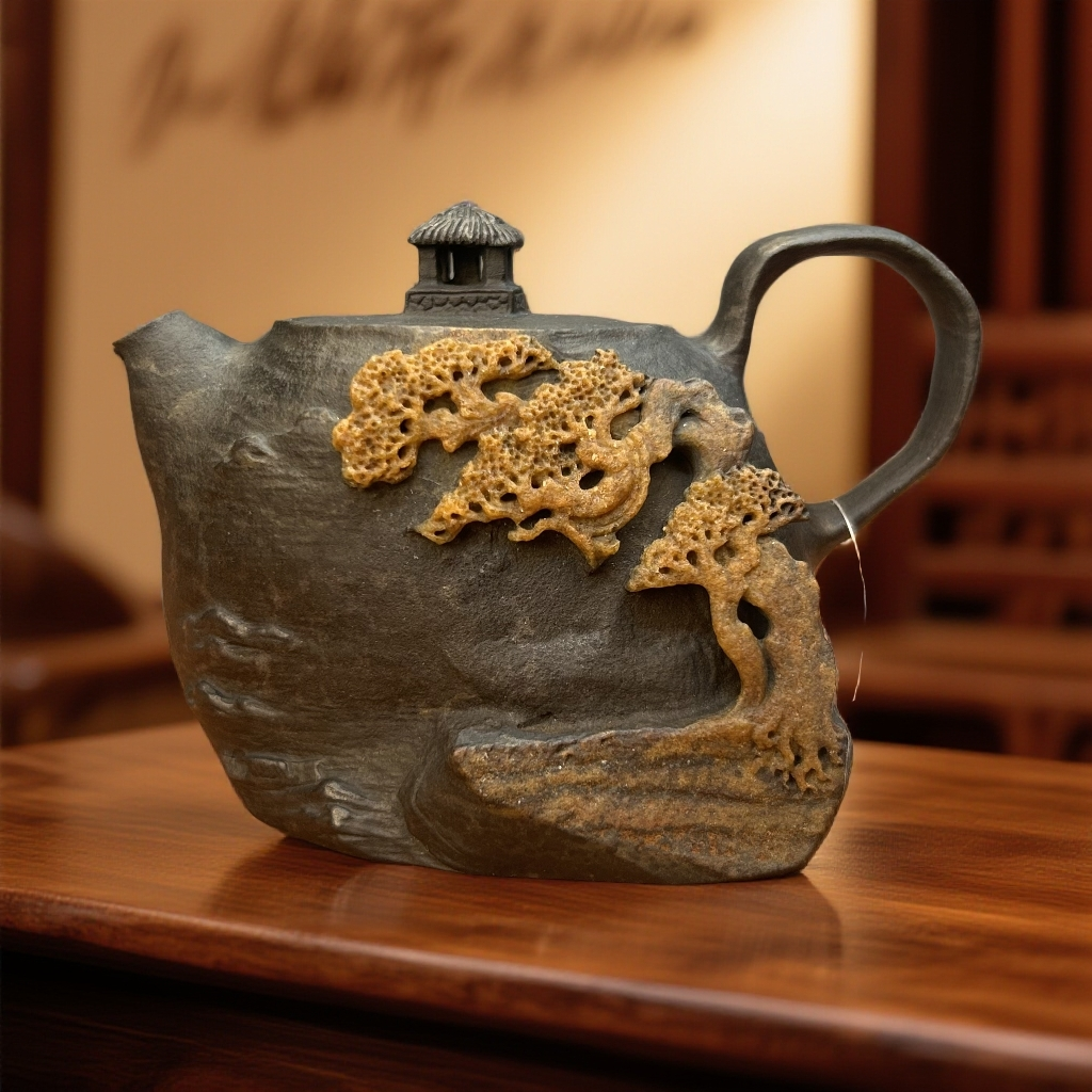 240cc湖南安化天然冰碛岩意境山水石壶精工雕刻茶壶茶器茶具