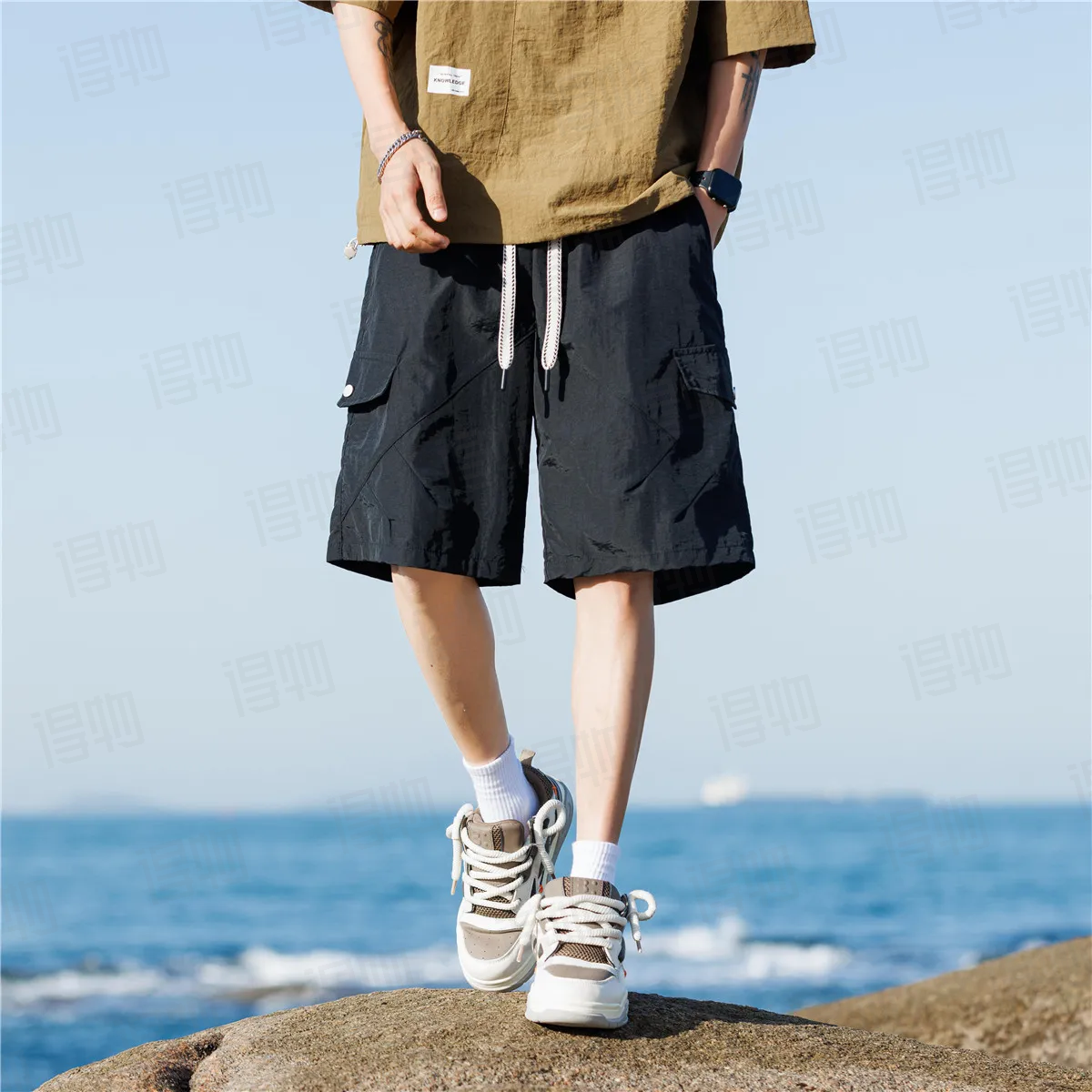 P家-工装短裤垂感松紧腰舒适宽松直筒五分工装短裤