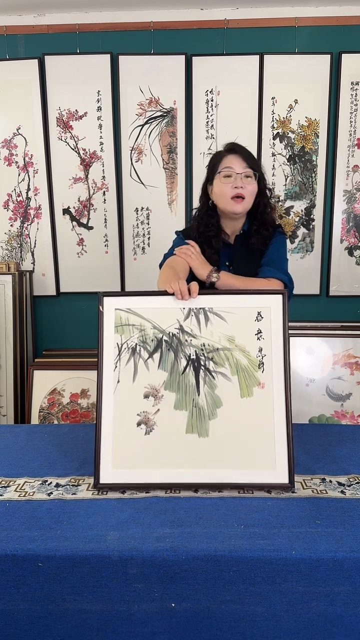 国画53*53竹子实木装裱