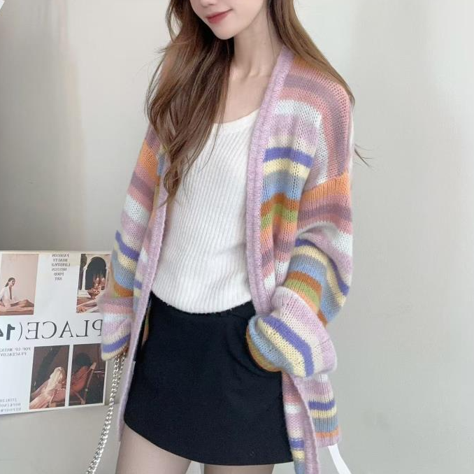 【百分百山羊绒】轻奢255003慵懒时尚条纹彩虹拼色针织